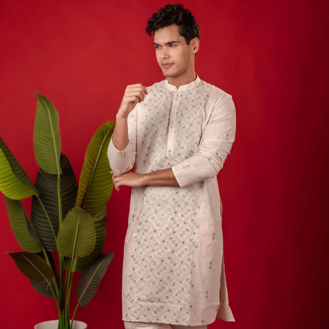 Suutraa Men's Cream Linen Embroided Kurta With Off White Pyjama Set - suutraa.com