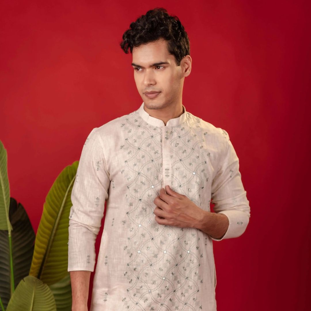 Suutraa Men's Cream Linen Embroided Kurta With Off White Pyjama Set - suutraa.com