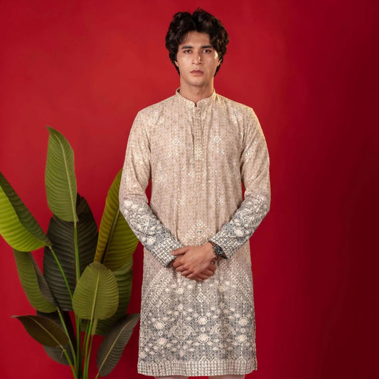 Suutraa Men's Beige Figure Embroided Chikankari Kurta With Off White Pyjama Set - suutraa.com