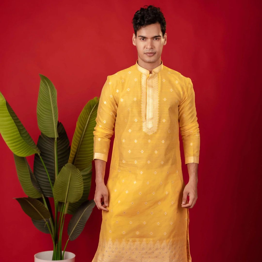 Suutraa Men's Deep Yellow Neck Emb Silk Kurta with Off White Pyjama Set - suutraa.com