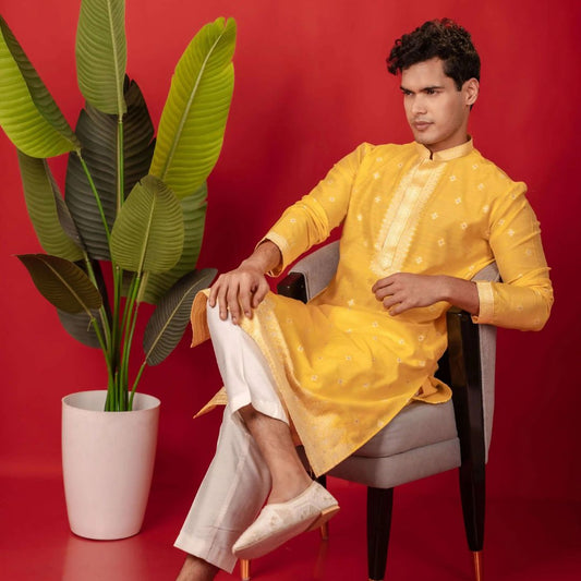 Suutraa Men's Deep Yellow Neck Emb Silk Kurta with Off White Pyjama Set - suutraa.com
