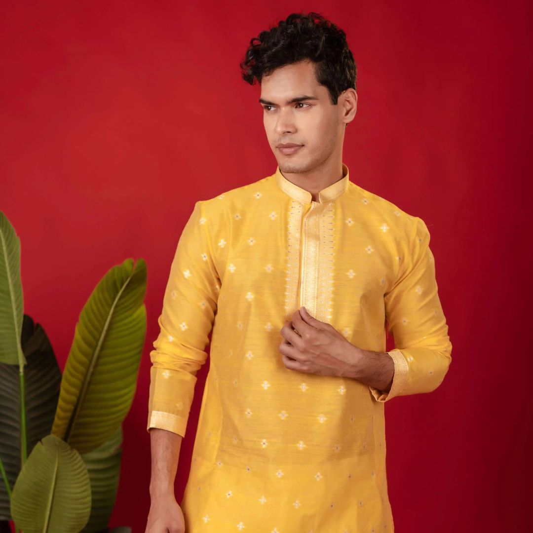 Suutraa Men's Deep Yellow Neck Emb Silk Kurta with Off White Pyjama Set - suutraa.com