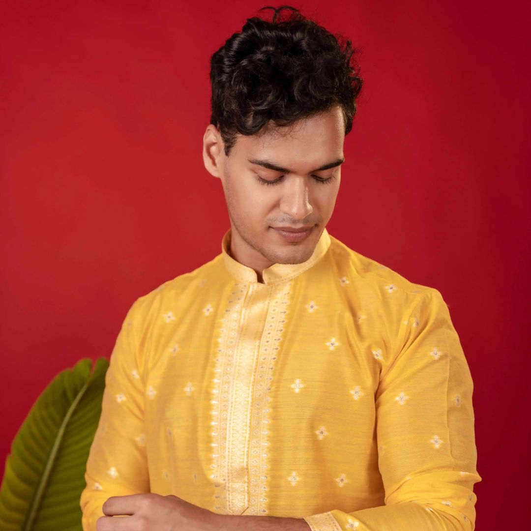 Suutraa Men's Deep Yellow Neck Emb Silk Kurta with Off White Pyjama Set - suutraa.com