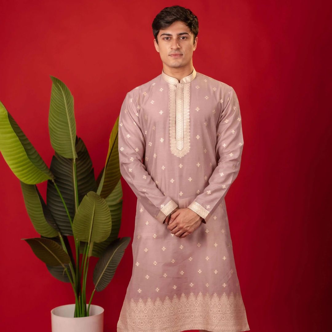 Suutraa Men's Lavender Neck Emb Silk Kurta with Off White Pyjama Set - suutraa.com