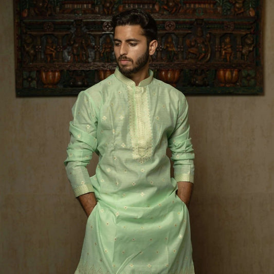 Suutraa Men's Pista Green Neck Emb Silk Kurta with Off White Pyjama Set - suutraa.com