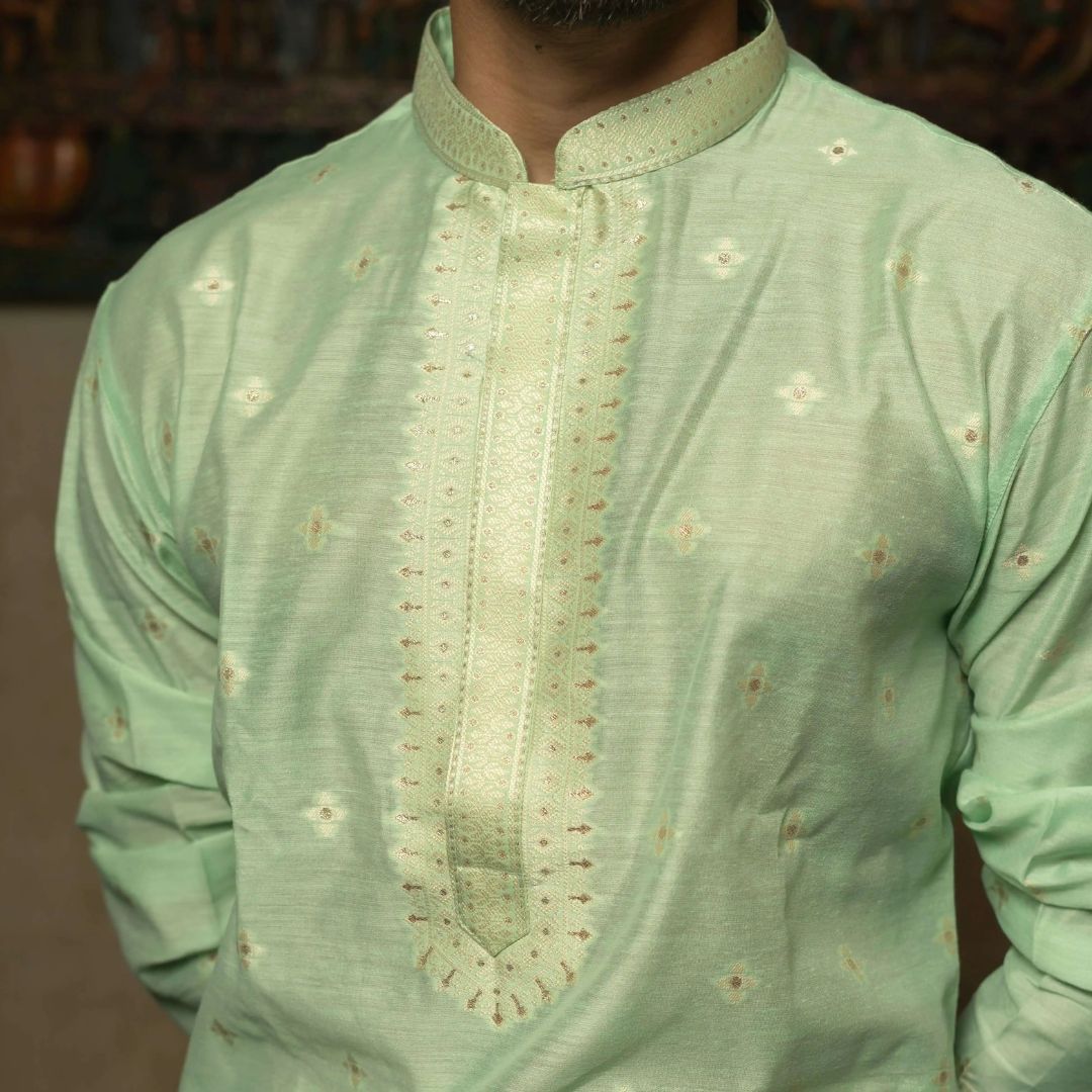 Suutraa Men's Pista Green Neck Emb Silk Kurta with Off White Pyjama Set - suutraa.com