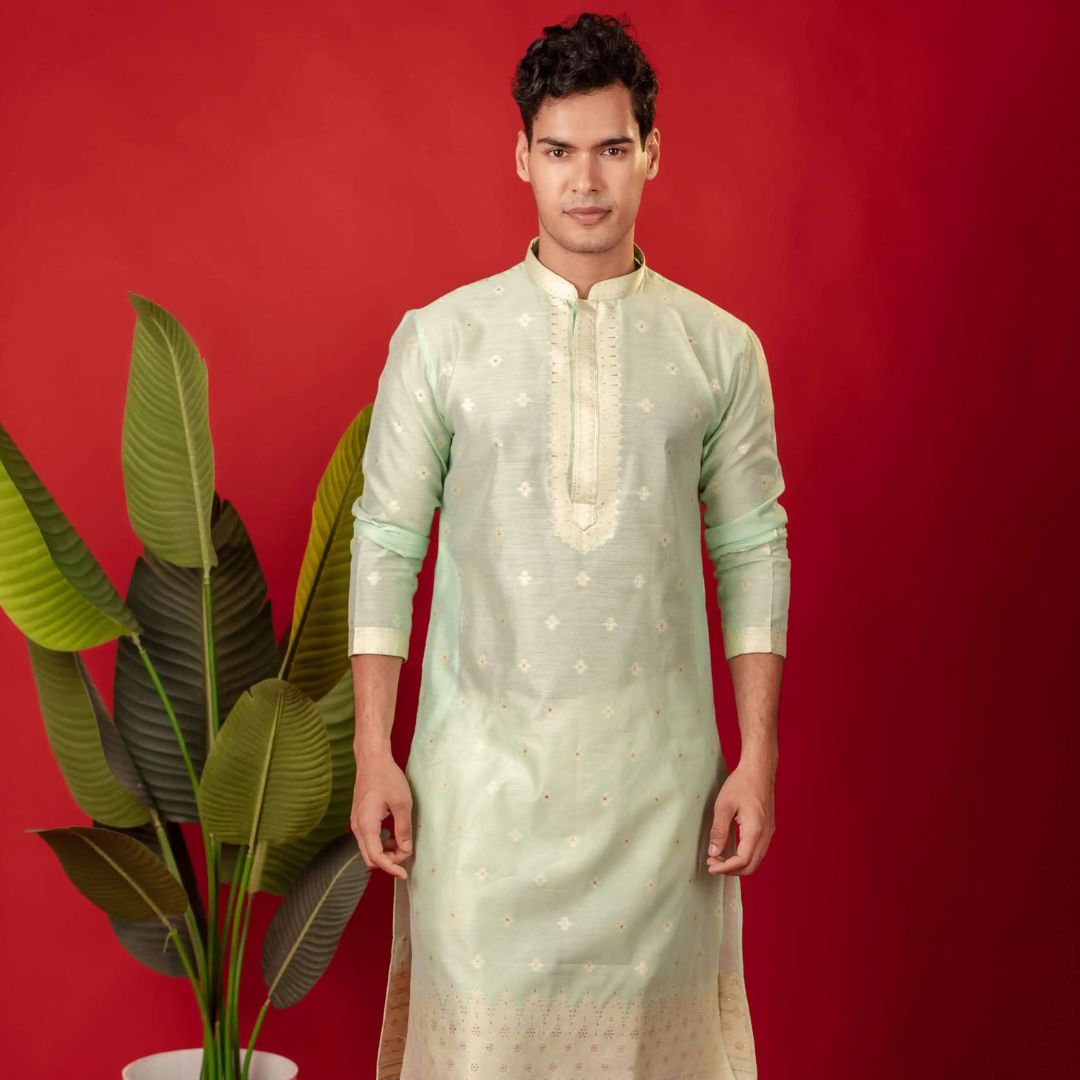 Suutraa Men's Pista Green Neck Emb Silk Kurta with Off White Pyjama Set - suutraa.com