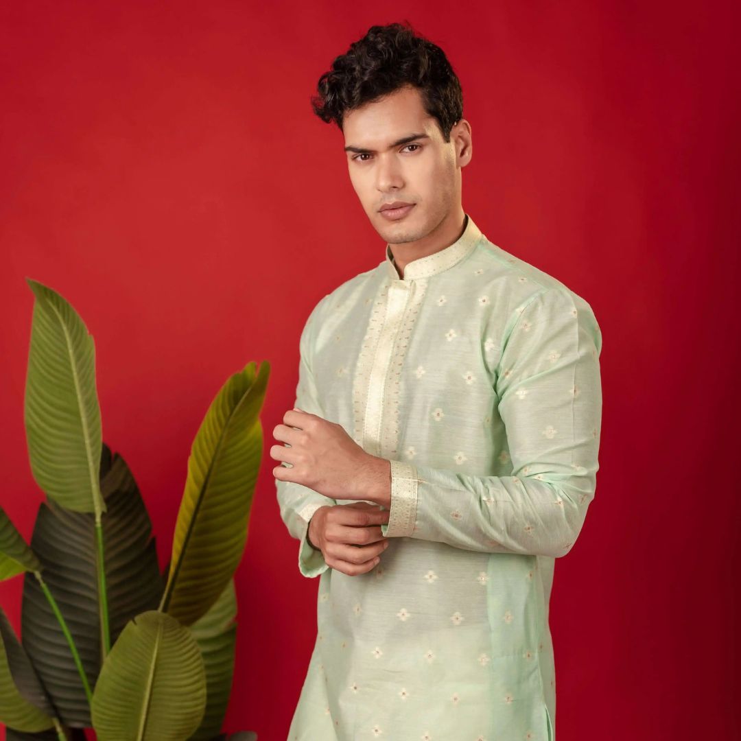 Suutraa Men's Pista Green Neck Emb Silk Kurta with Off White Pyjama Set - suutraa.com