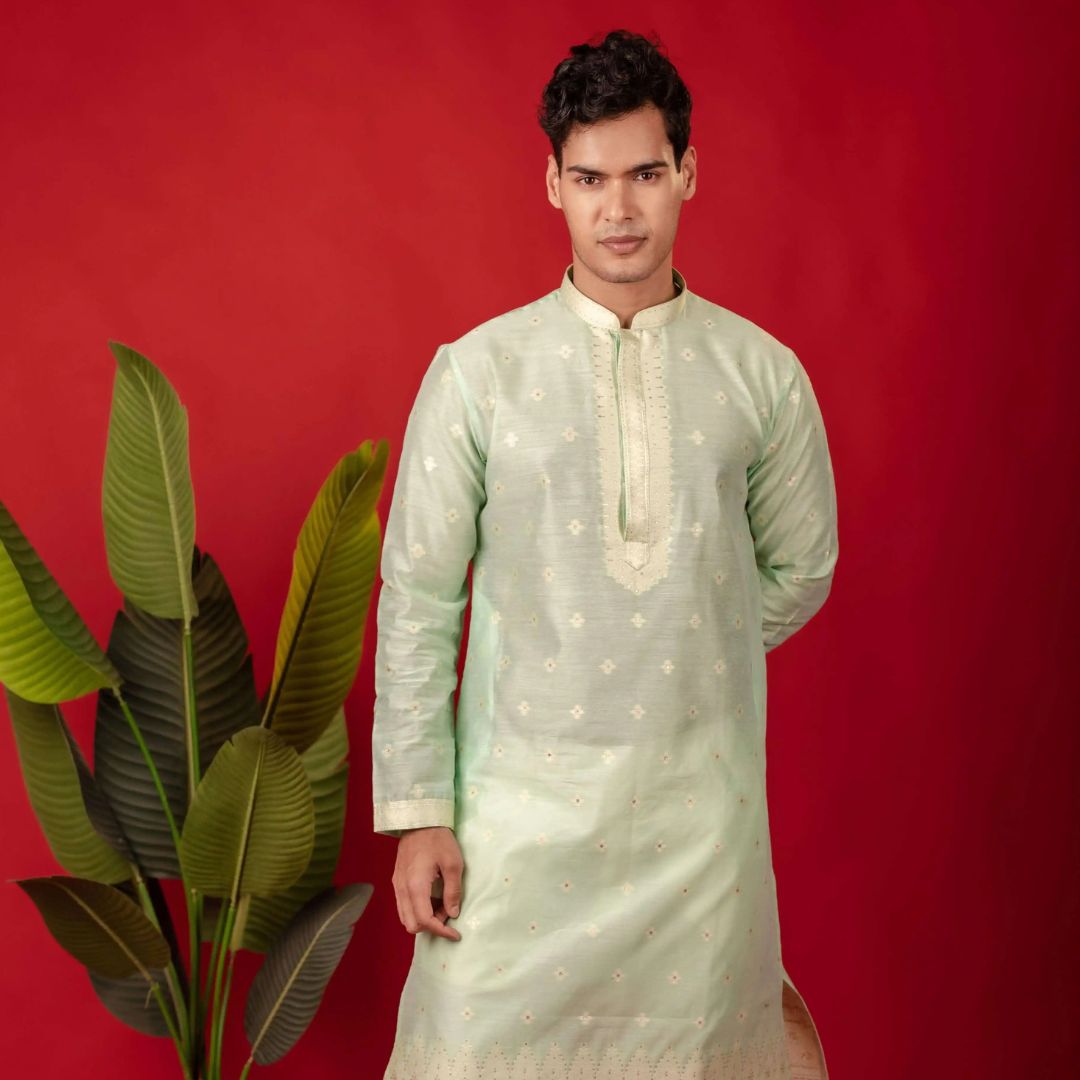 Suutraa Men's Pista Green Neck Emb Silk Kurta with Off White Pyjama Set - suutraa.com