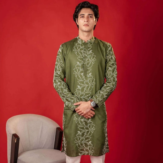 Suutraa Men's Bottle Green Linen Designer Thread Work Kurta With Off White Pyjama Set - suutraa.com