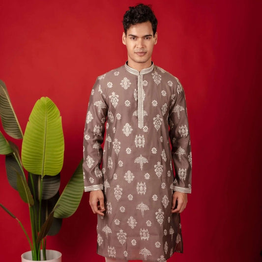 Suutraa Men's Brown all over Embroided Kurta With Off White Pyjama Set - suutraa.com
