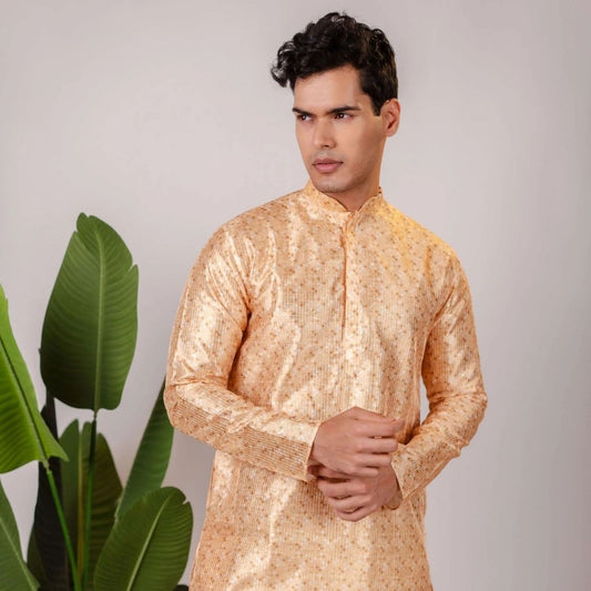 Suutraa Men's Gold Silk Printed Kurta - suutraa.com