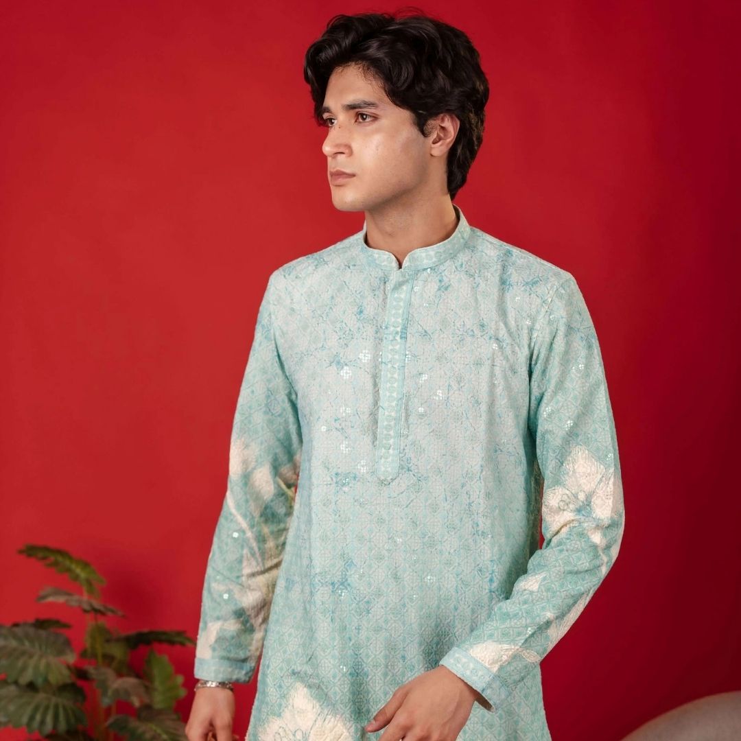 Suutraa Men's Sky Blue Figure Embroided Chikankari Kurta With Off White Pyjama Set - suutraa.com