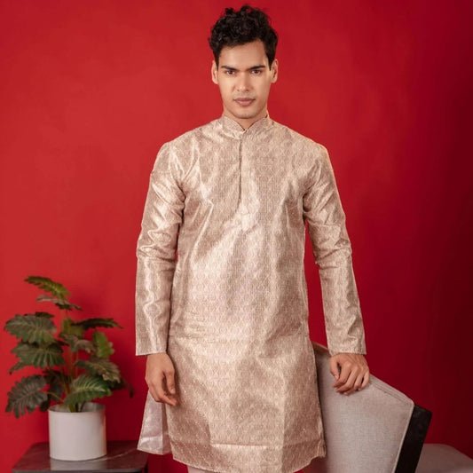 Suutraa Men's Beige Silk Printed Kurta With Off White Pyjama Set - suutraa.com