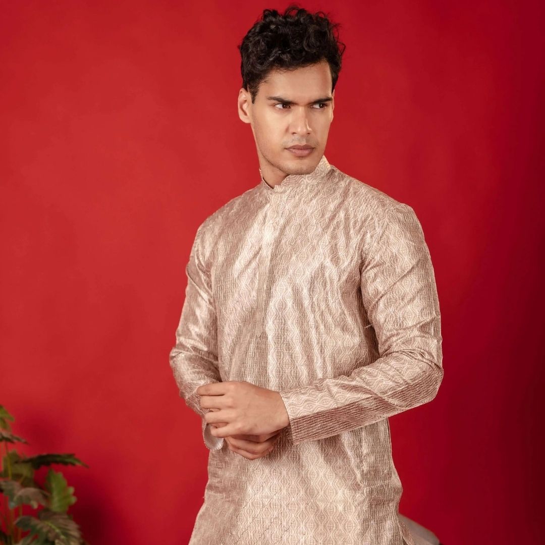 Suutraa Men's Beige Silk Printed Kurta With Off White Pyjama Set - suutraa.com