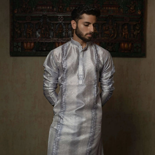 Suutraa Men's Grey Silk Ombre Kurta With Off White Pyjama Set - suutraa.com