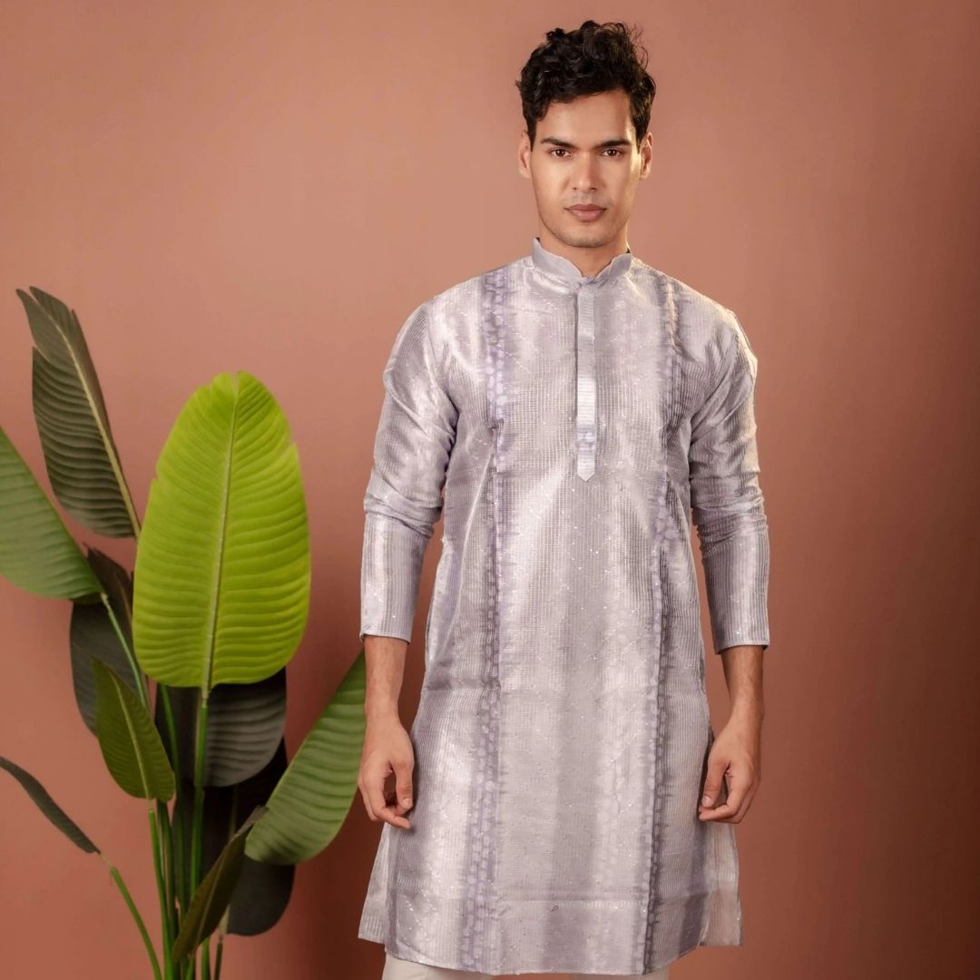 Suutraa Men's Grey Silk Ombre Kurta With Off White Pyjama Set - suutraa.com