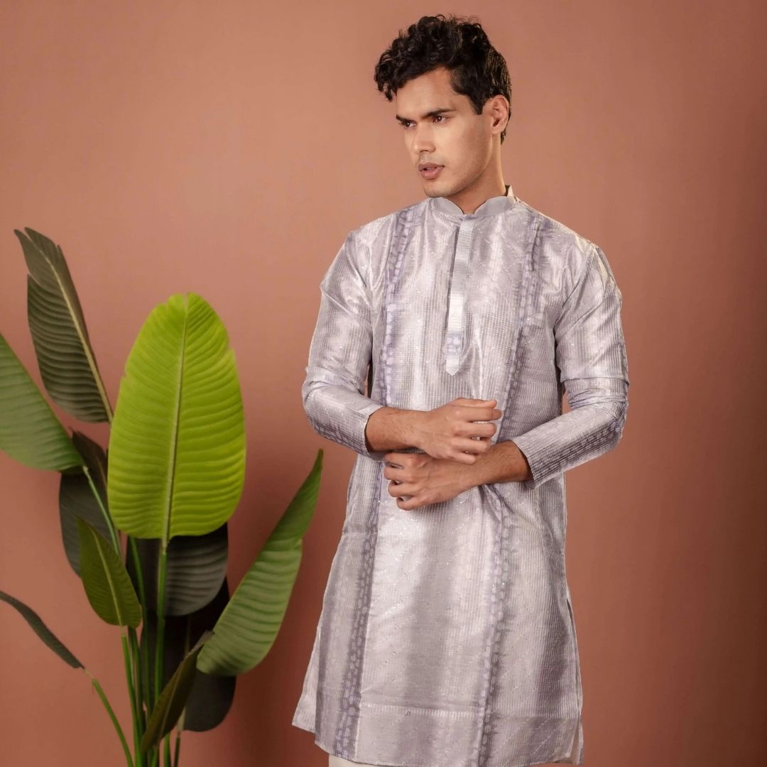 Suutraa Men's Grey Silk Ombre Kurta With Off White Pyjama Set - suutraa.com