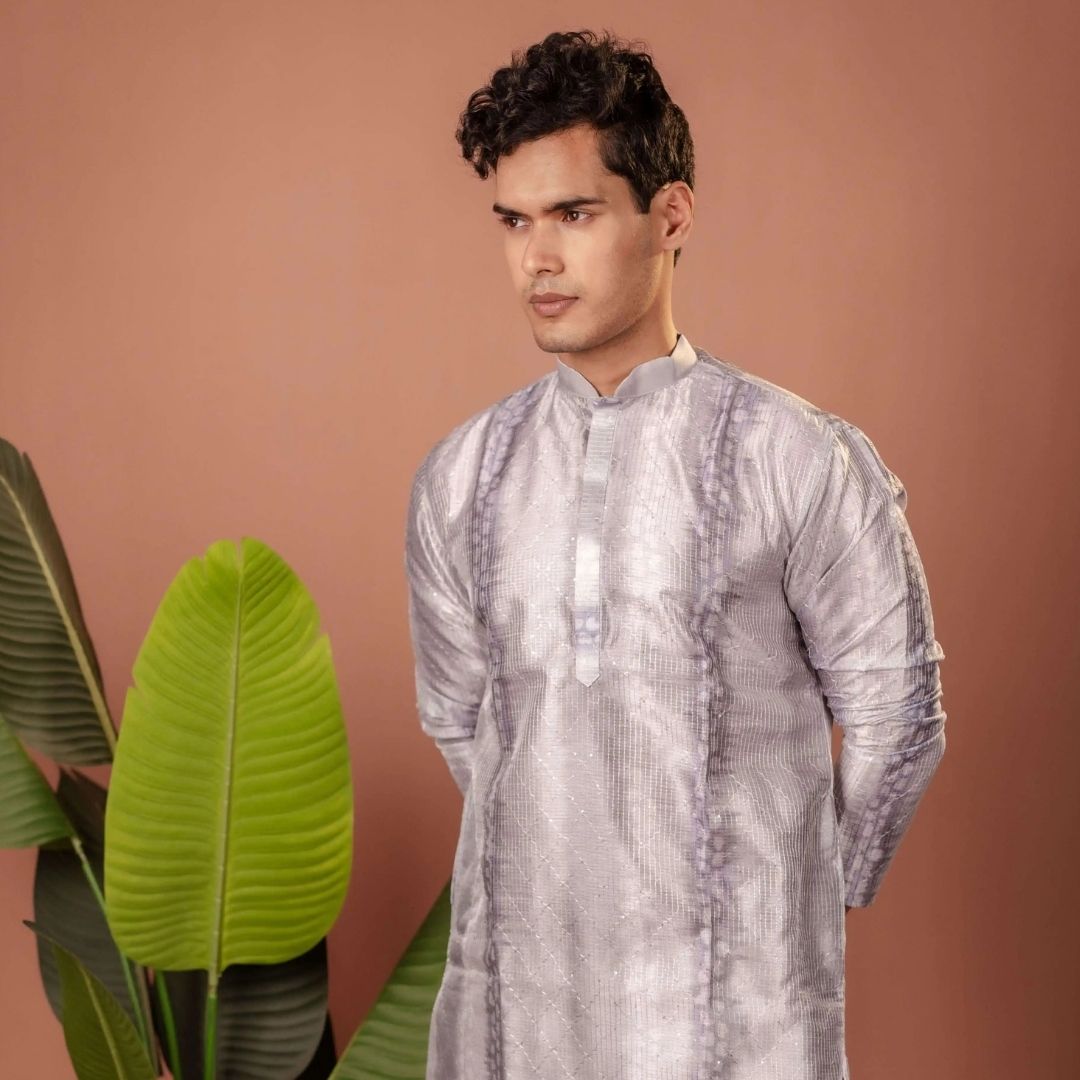 Suutraa Men's Grey Silk Ombre Kurta With Off White Pyjama Set - suutraa.com