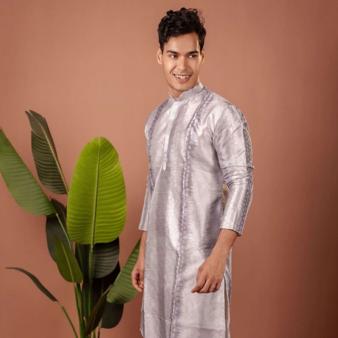 Suutraa Men's Grey Silk Ombre Kurta With Off White Pyjama Set - suutraa.com