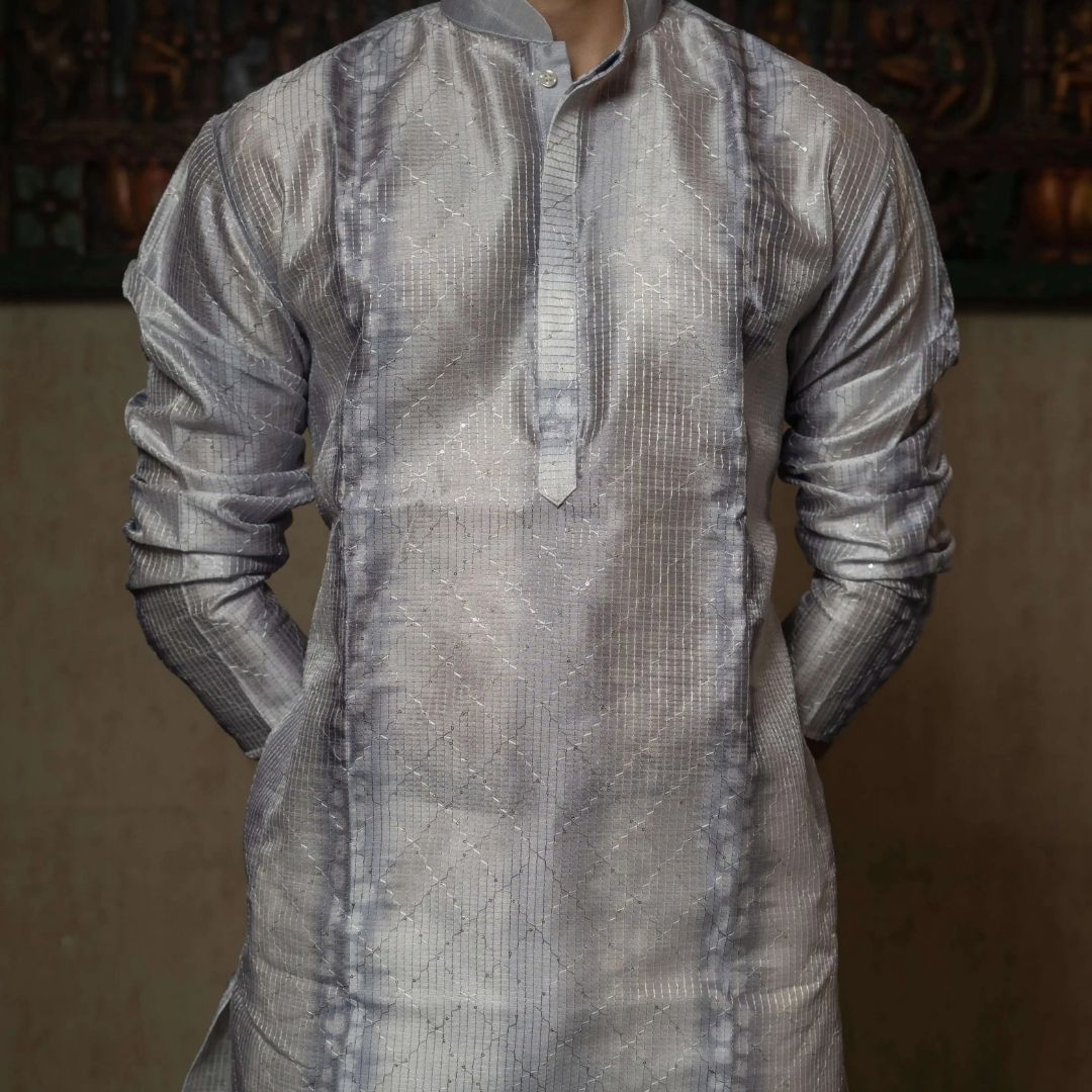 Suutraa Men's Grey Silk Ombre Kurta With Off White Pyjama Set - suutraa.com