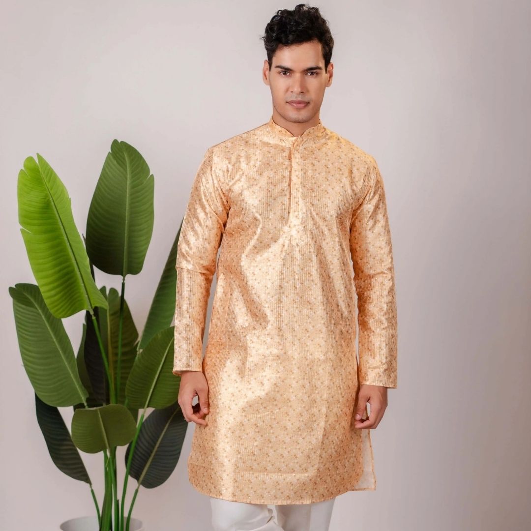 Suutraa Men's Gold Silk Printed Kurta - suutraa.com