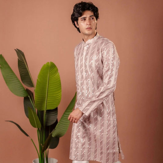 Suutraa Men's Lavender Silk all over Embroided Kurta - suutraa.com