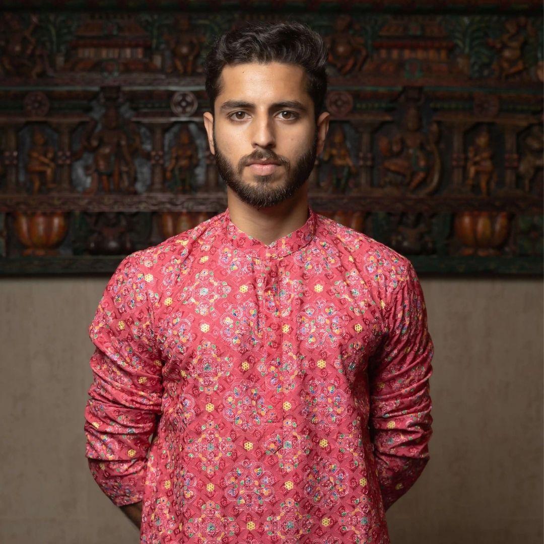 Suutraa Men's Pink Cotton Printed Kurta With Off White Pyjama Set - suutraa.com