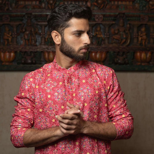 Suutraa Men's Pink Cotton Printed Kurta With Off White Pyjama Set - suutraa.com