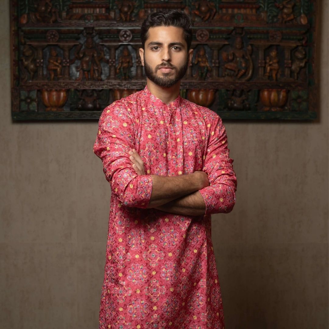 Suutraa Men's Pink Cotton Printed Kurta With Off White Pyjama Set - suutraa.com