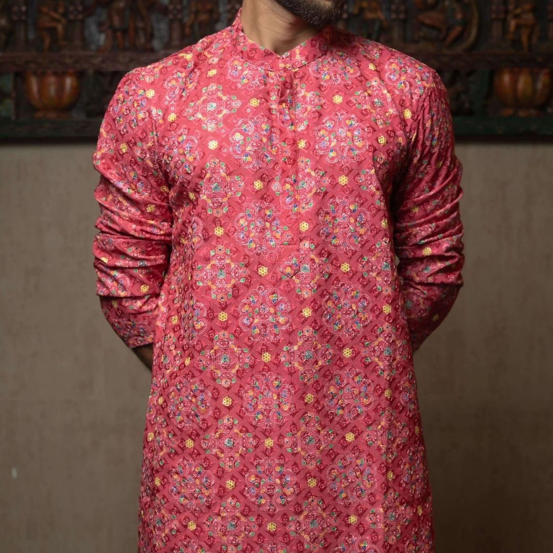 Suutraa Men's Pink Cotton Printed Kurta With Off White Pyjama Set - suutraa.com
