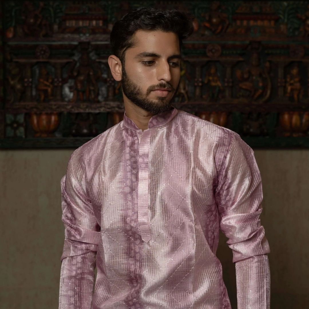 Suutraa Men's Lavender Silk Ombre Kurta With Off White Pyjama Set - suutraa.com