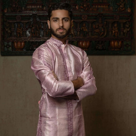 Suutraa Men's Lavender Silk Ombre Kurta With Off White Pyjama Set - suutraa.com