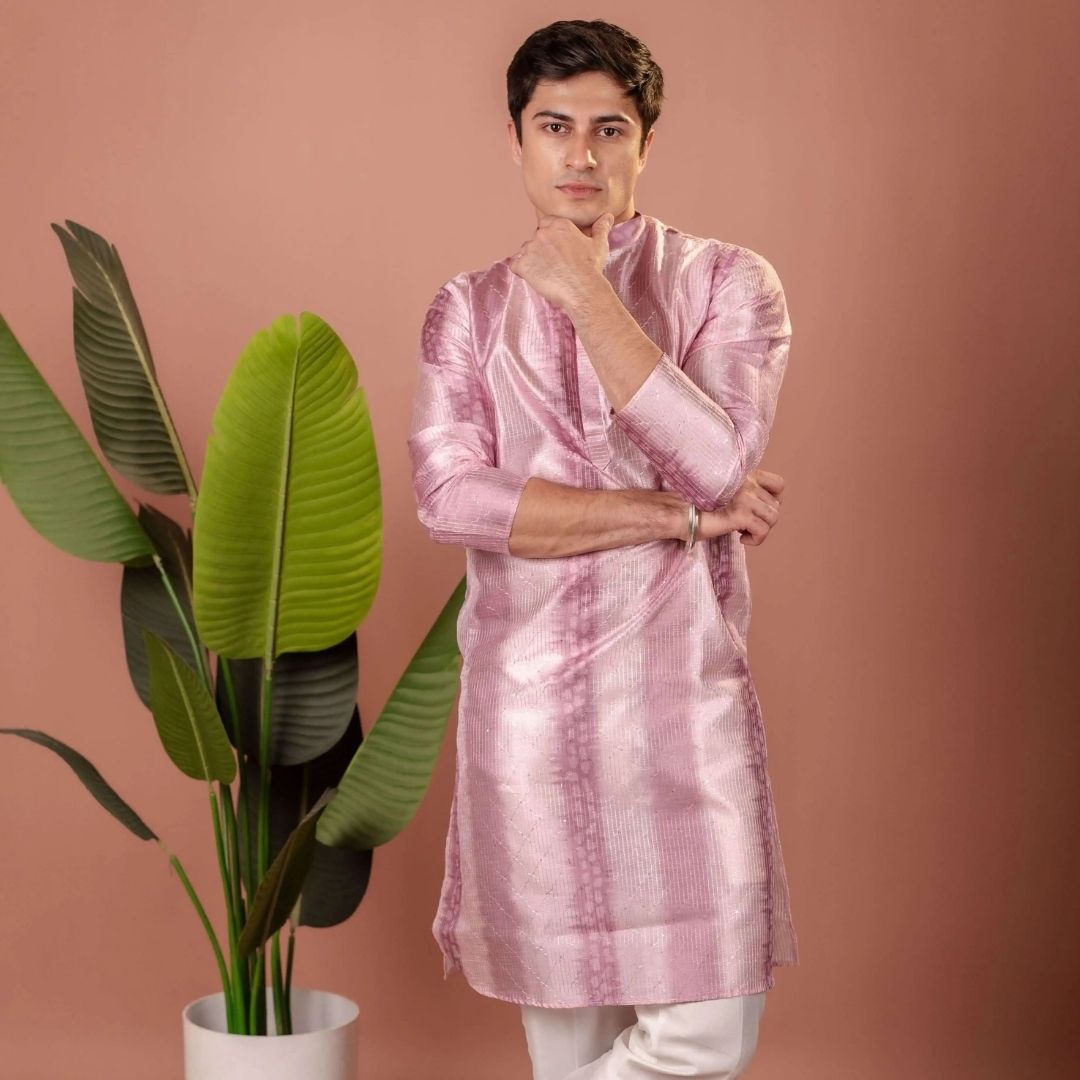 Suutraa Men's Lavender Silk Ombre Kurta With Off White Pyjama Set - suutraa.com