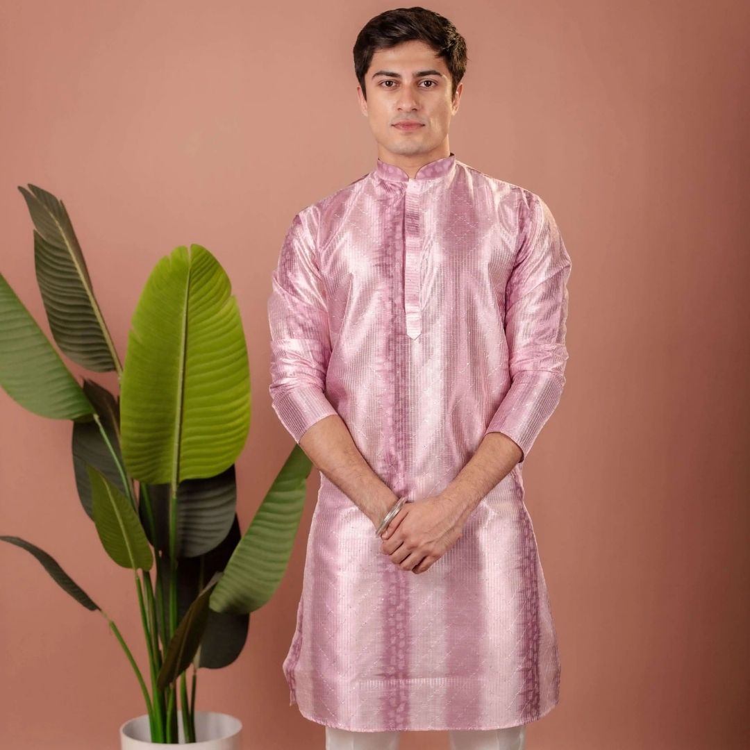 Suutraa Men's Lavender Silk Ombre Kurta With Off White Pyjama Set - suutraa.com