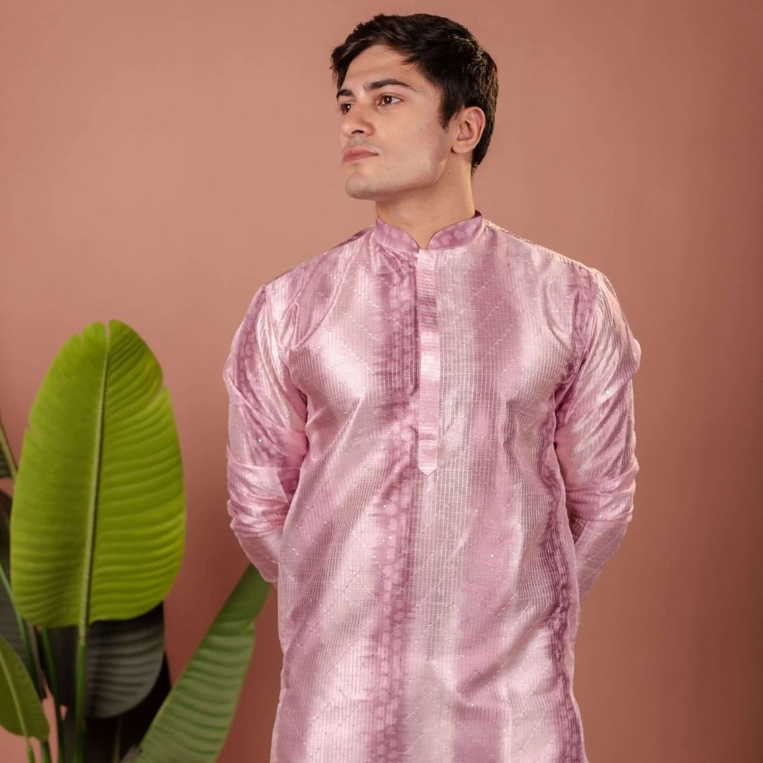 Suutraa Men's Lavender Silk Ombre Kurta With Off White Pyjama Set - suutraa.com