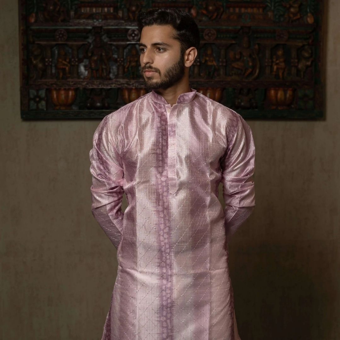 Suutraa Men's Lavender Silk Ombre Kurta With Off White Pyjama Set - suutraa.com