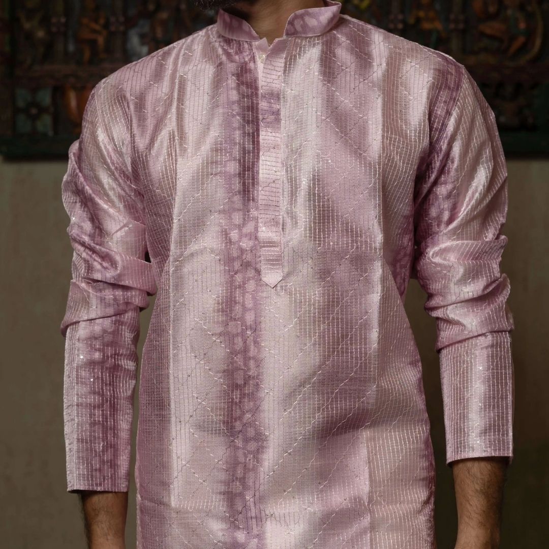 Suutraa Men's Lavender Silk Ombre Kurta With Off White Pyjama Set - suutraa.com