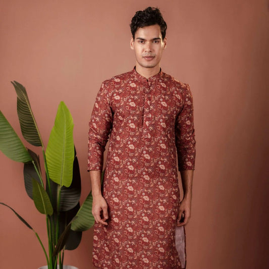 Suutraa Men's Maroon Cotton Printed Kurta - suutraa.com
