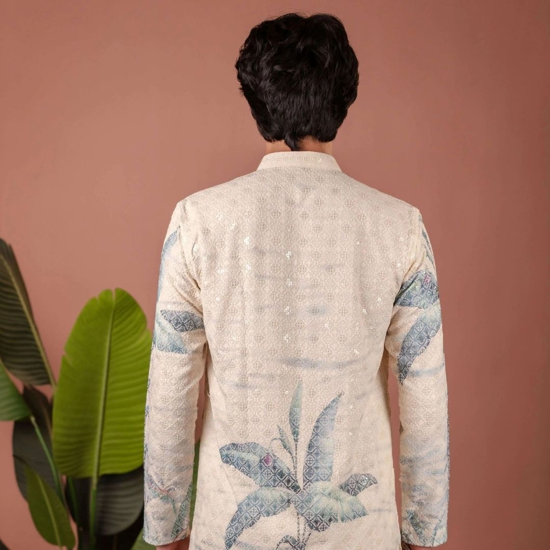 Suutraa Men's Off-White Figure Embroided Chikankari Kurta With Off White Pyjama Set - suutraa.com