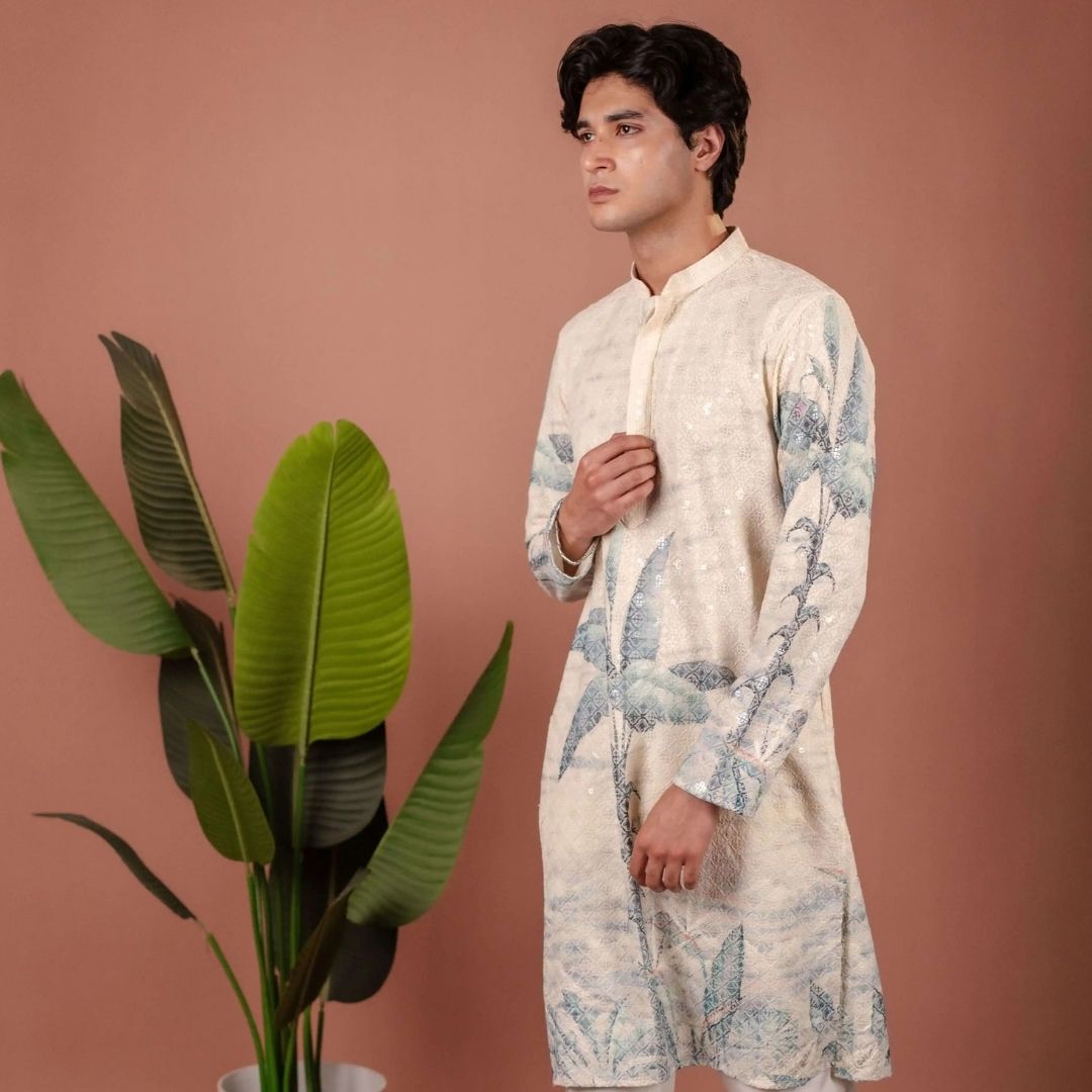 Suutraa Men's Off-White Figure Embroided Chikankari Kurta With Off White Pyjama Set - suutraa.com