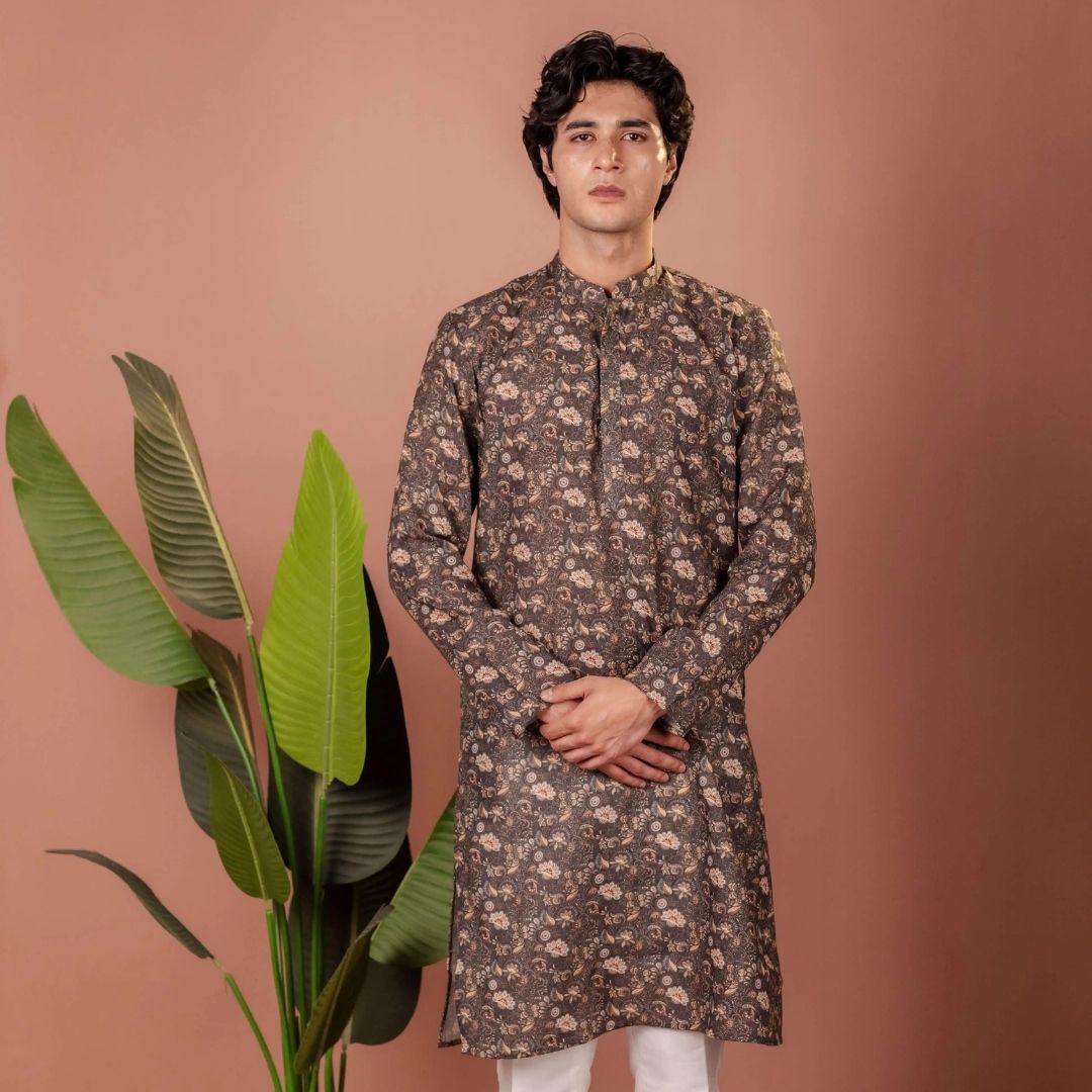 Suutraa Men's DARK MEHENDI PRINTED KURTA WITH OFF WHITE PYJAMA SET - suutraa.com