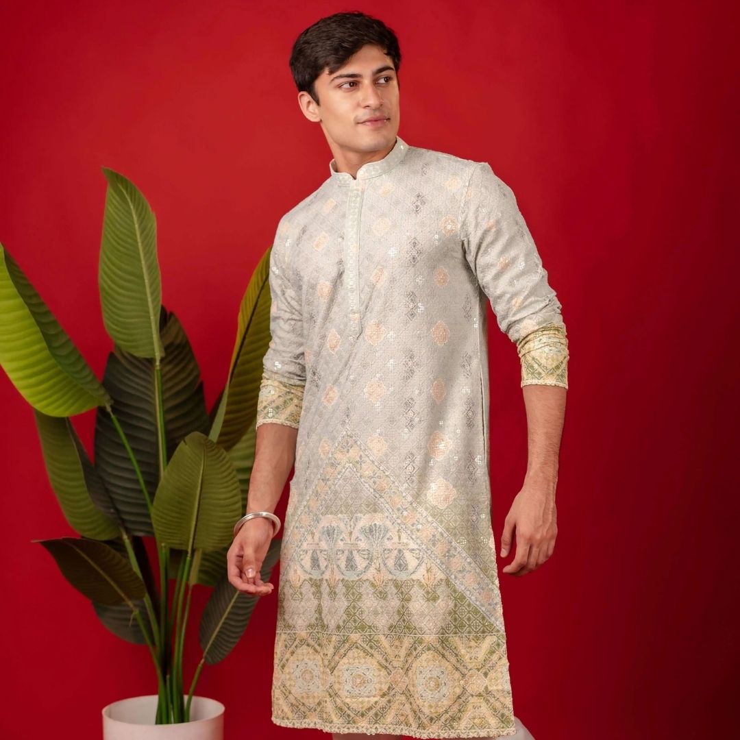 Suutraa Men's Green Figure Embroided Kurta - suutraa.com