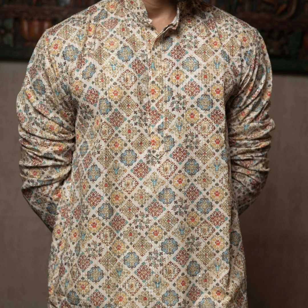 Suutraa Men's MULTI COLOUR COTTON PRINTED KURTA WITH OFF WHITE PYJAMA SET - suutraa.com
