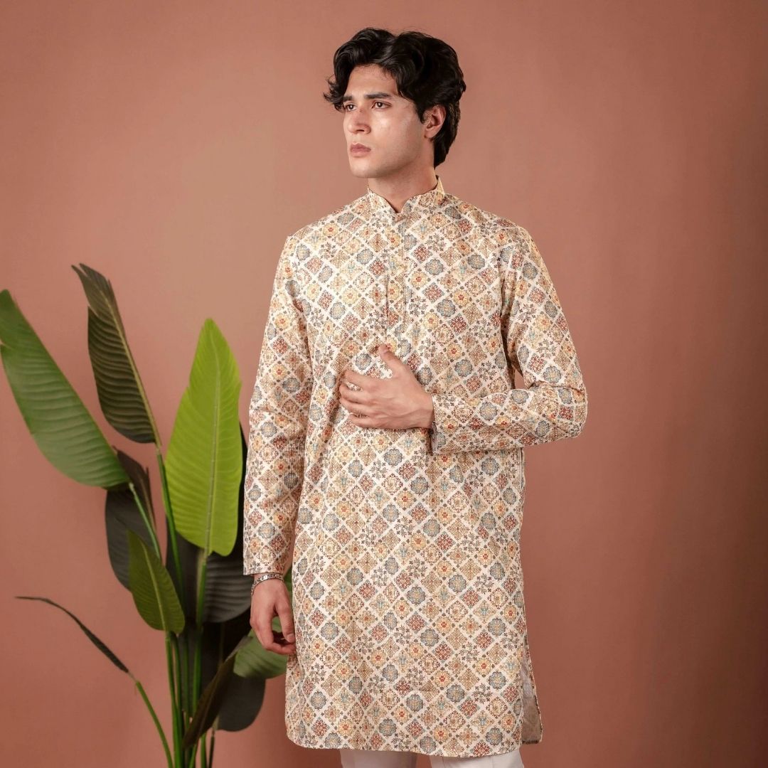 Suutraa Men's MULTI COLOUR COTTON PRINTED KURTA WITH OFF WHITE PYJAMA SET - suutraa.com