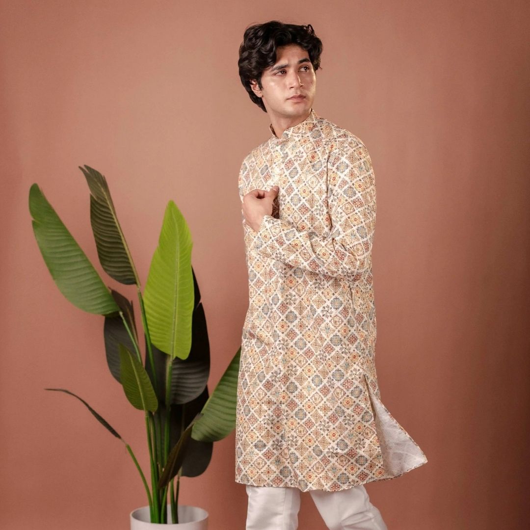 Suutraa Men's MULTI COLOUR COTTON PRINTED KURTA WITH OFF WHITE PYJAMA SET - suutraa.com