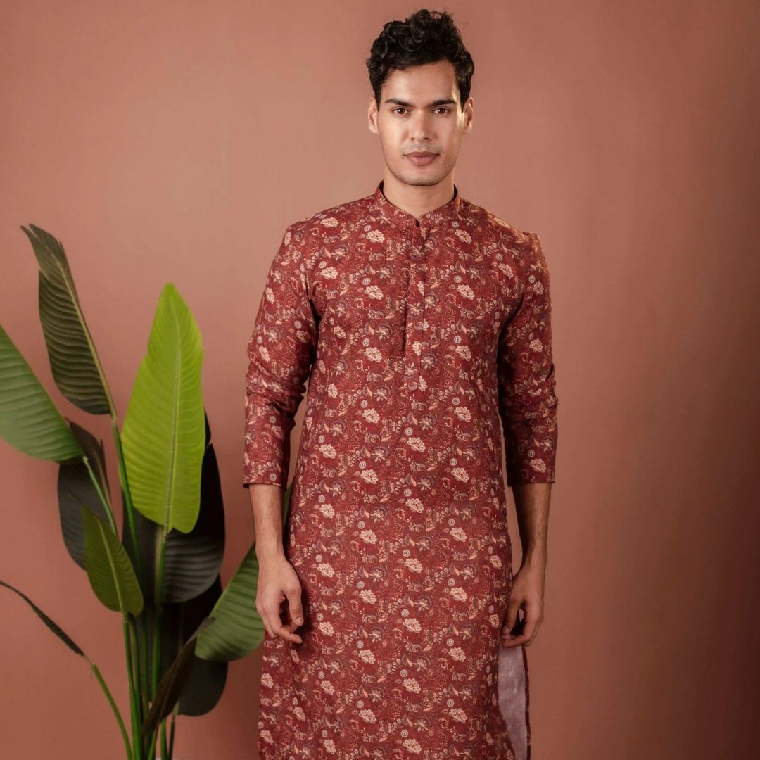 Suutraa Men's Maroon Cotton Printed Kurta With Off White Pyjama Set - suutraa.com