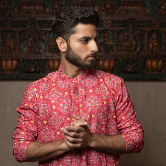 Suutraa Men's Pink Cotton Printed Kurta - suutraa.com