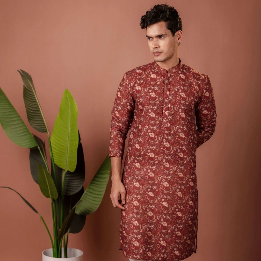 Suutraa Men's Maroon Cotton Printed Kurta With Off White Pyjama Set - suutraa.com
