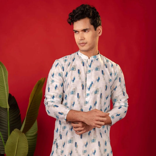 Suutraa Men's White Linen Oil Printed Kurta - suutraa.com